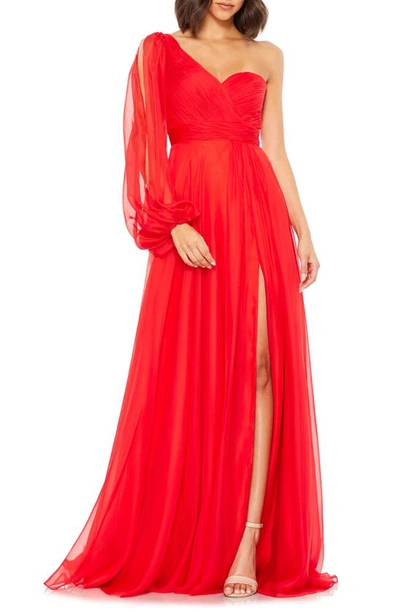 Mac Duggal Flowy One Sleeve Chiffon Gown In Red