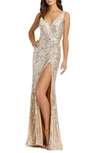 Mac Duggal Sequined V-neck Gown In Silver Nude In Nude Silver