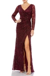 Mac Duggal Illusion Damask Embroidered Sequin Column Gown In Garnet