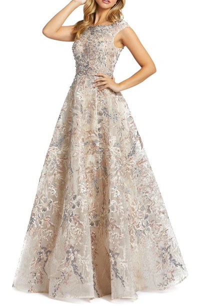 Mac Duggal Embroidered Embellished Boat-neck A-line Gown In Multi