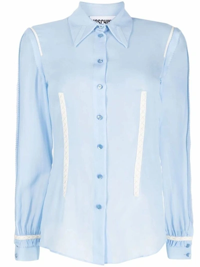 Moschino Georgette Silk Shirt With Embroideries In Light Blue,white