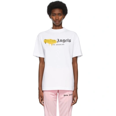 Palm Angels White 'los Angeles' Sprayed Logo T-shirt In White Yellow