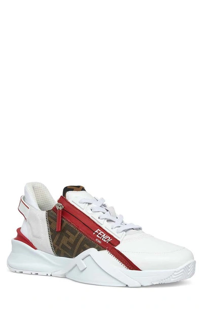 Fendi Men's M Zip Leather Runner Sneakers In White,brown,red
