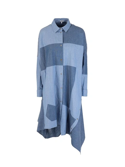 Loewe Asymmetric Patchwork Cotton-chambray Shirt Dress In Blue