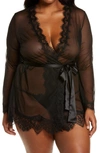 Oh La La Cheri Plus Size Eyelash Lace Robe With Satin Sash And G-string Lingerie Set In Black