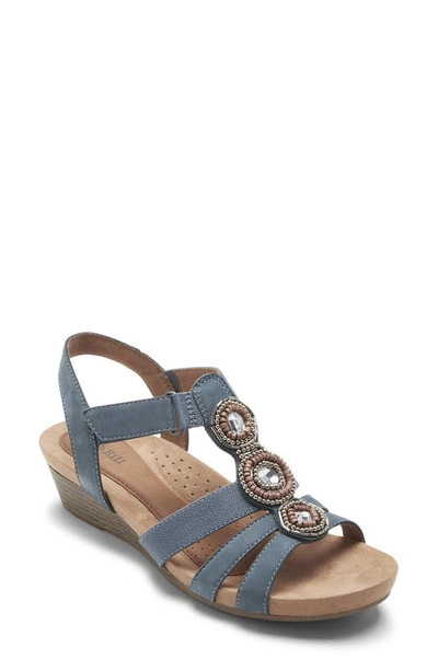 Rockport Cobb Hill Hollywood T-strap Sandal In Moroccan Blue Leather