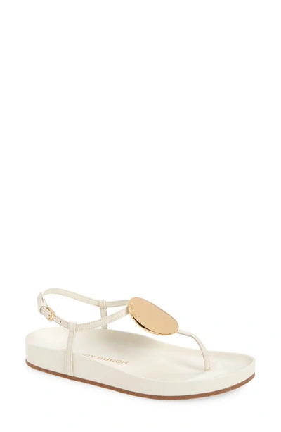 Tory Burch Women's Patos Gold Tone Medallion Leather Thong Sandals In White