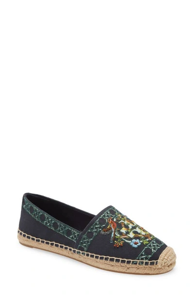 Tory Burch Beaded & Embroidered Canvas Espadrille In Blue Multicolor Caning