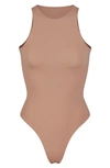 Skims Fits Everybody Stretch Satin-jersey Thong Bodysuit In Sienna