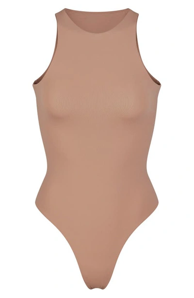 Skims Fits Everybody Stretch Satin-jersey Thong Bodysuit In Sienna