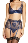 Oh La La Cheri Underwire Demi Bra, High Waist Panties & Suspenders Set In Estate Blue