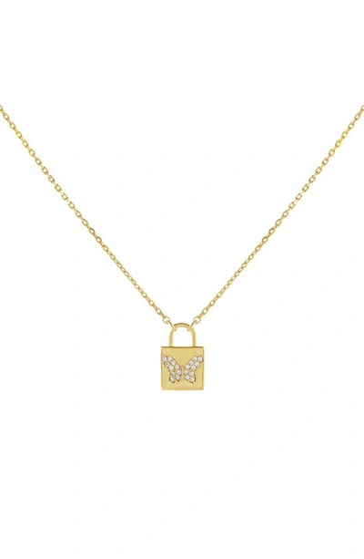 Adinas Jewels Pave Cubic Zirconia Butterfly Lock Pendant Necklace In Gold