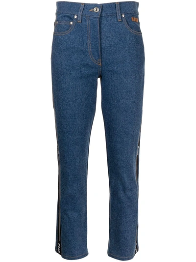 Msgm Cropped Logo Tape-detail Straight-leg Jeans In Blue
