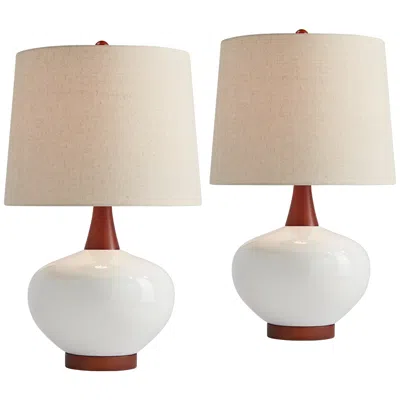 360 Lighting Brice Ivory And Wood Mid-century Ceramic Lamps Set Of 2