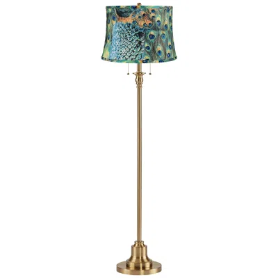 360 Lighting Dyna 58" High Antique Brass And Peacock Drum Shade 2-light Floor Lamp