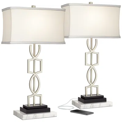 360 Lighting Evan Brushed Nickel Lamps With White Marble Risers Set Of 2
