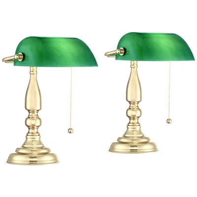 360 Lighting Hammond 14" Polished Brass Bankers Desk Lamps Set Of 2 In Green