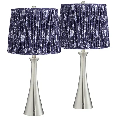 360 Lighting Karl Brushed Nickel Usb Table Lamps Set Of 2 With Deep Blue Shades