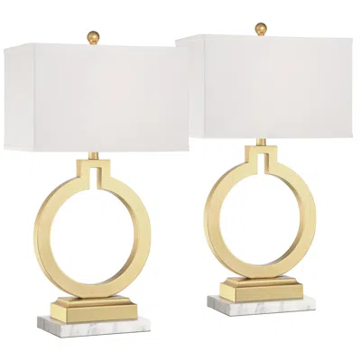 360 Lighting Lauren Gold Ring Usb Lamps With White Marble Risers - Set Of 2