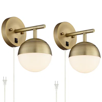 360 Lighting Luna Antique Brass Globe Plug-in Wall Lamps Set Of 2