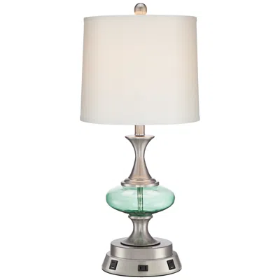 360 Lighting Reiner Blue-green Glass Table Lamp With Usb Workstation Base