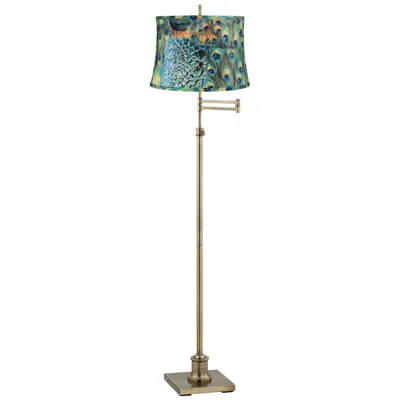 360 Lighting Westbury Peacock Print Shade Brass Swing Arm Floor Lamp In Multi
