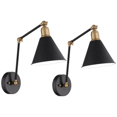 360 Lighting Wray Black And Antique Brass Hardwire Wall Lamps Set Of 2
