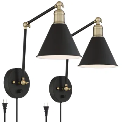360 Lighting Wray Black And Antique Brass Plug-in Wall Lamps Set Of 2