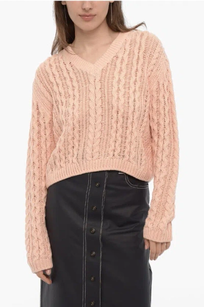 360 Sweater Cropped Cable Knit Celestina Sweater With V-neck In Pink