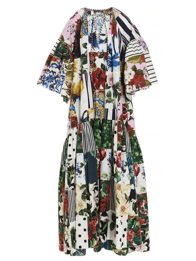 Dolce & Gabbana Long Patchwork Poplin Dress With Short Sleeves In Multicolour