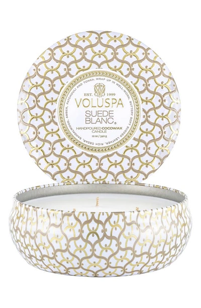 Voluspa Suede Blanc 3-wick Tin Candle In White