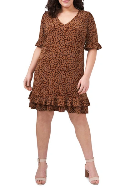 Cece Leopard Print Ruffle Stretch Knit Dress In Spicewood