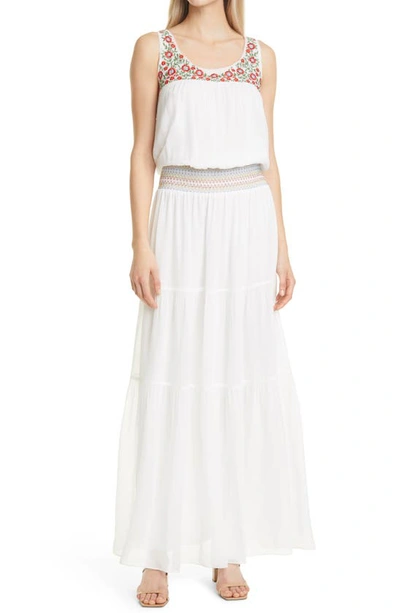Nicole Miller Floral Embroidered Tiered Maxi Dress In Bright White