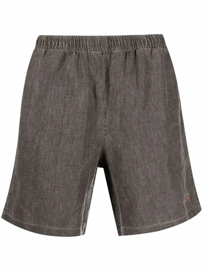 Stussy Wide-leg Logo-embroidered Slub Linen Shorts In Grey