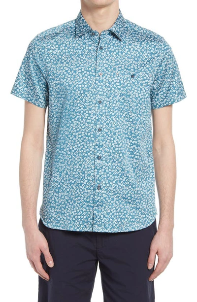 Ted Baker Parslee Floral Stretch Short Sleeve Button-up Shirt In Blue