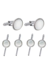 David Donahue Sterling Silver & Mother Of Pearl Beveled Stud & Cufflink Set In Silver