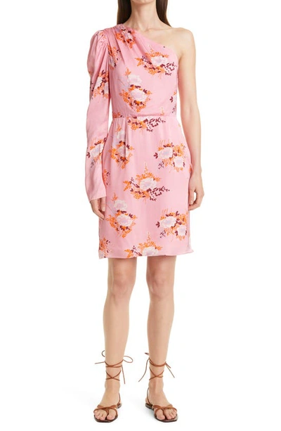 Les Rêveries One-sleeve Floral-print Matte-satin Mini Dress In Pink Gardenia
