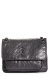 Saint Laurent Niki Medium Crinkled Calf Flap-top Shoulder Bag In Gray/red