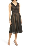 Connected Apparel Chiffon Overlay Fit & Flare Dress In Black/ Gold