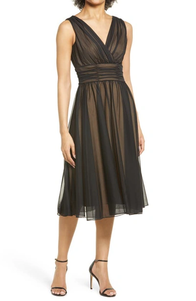 Connected Apparel Chiffon Overlay Fit & Flare Dress In Black/ Gold