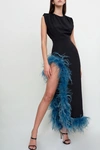 BELFIORI COUTURE BLACK SLIT DRESS WITH BLUE FEATHERS