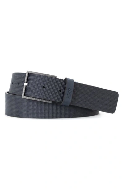 Hugo Tril Grid Textured Leather Belt In Dark Blue