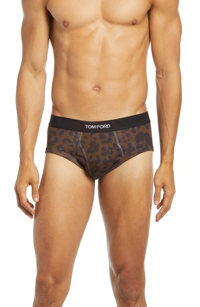 Tom Ford Leopard Print Stretch Cotton Briefs In Dark Brown