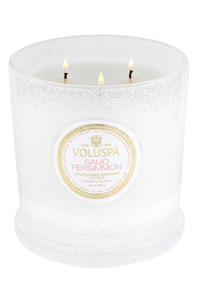 Voluspa Saijo Persimmon Embossed Glass Triple Wick Luxe Candle 30 Oz. In White