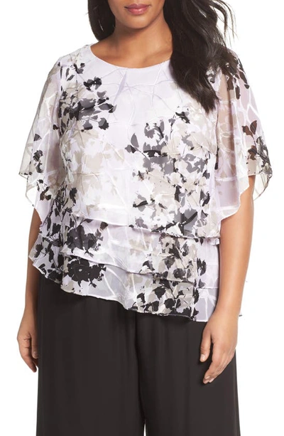 Alex Evenings Plus Size Printed Tiered Blouse In Ivory/black Floral