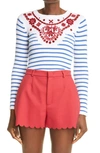 RED VALENTINO STRIPE BRODERIE ANGLAISE KNIT TOP,VR0KC08F5U4