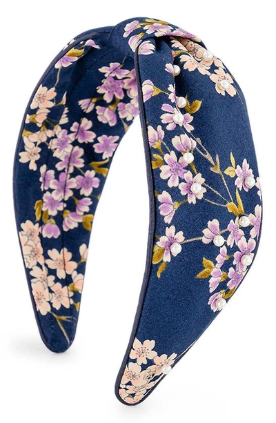 Alexandre De Paris Floral Embellished Knotted Headband In Navy Blue
