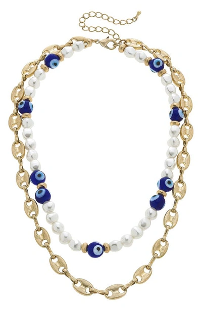 Canvas Jewelry Murano Glass Evil Eye Glass Bead & Chain Layered Necklace In Blue/ White