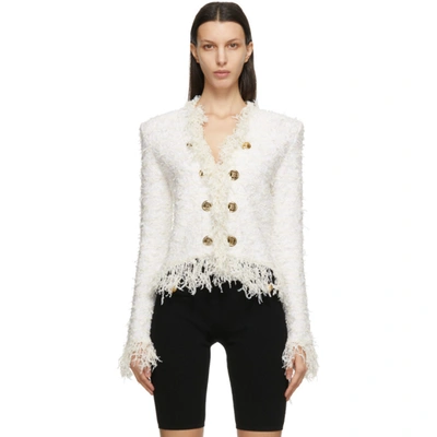 Balmain White Tweed Jacket With Fringe And Gold-tone Double-breasted Closure In 0ka Natural