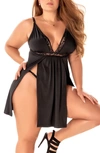 Mapalé Mapale Babydoll Chemise & G-string Thong Set In Black